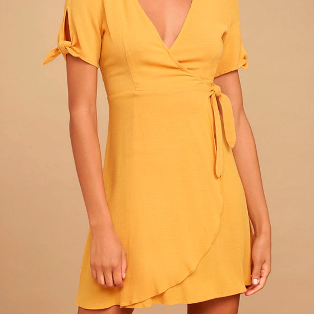 LULUS MY PHILOSOPHY GOLDEN YELLOW WRAP DRESS